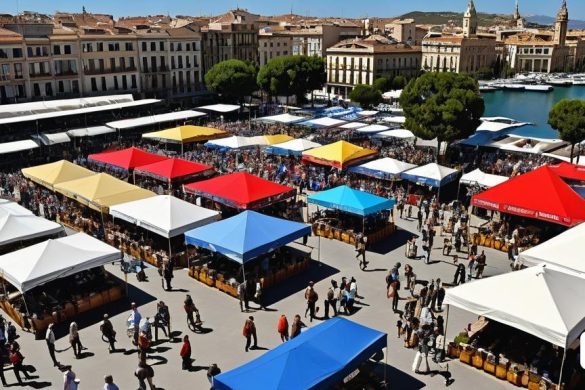 un grup de persones al voltant de tendes de campanya en una plaça de la ciutat amb edificis al fons i un port en primer pla, Carpoforo Tencalla, vista panoràmica, una foto de desplaçament d'inclinació, estil tipogràfic internacional