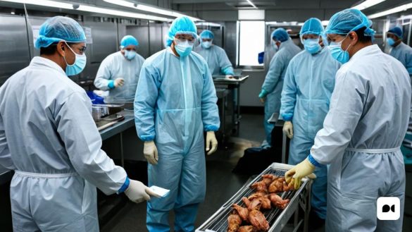 un grup de persones amb vestits quirúrgics blaus i màscares estan preparant menjar en una zona de cuina amb una cinta transportadora, Andries Stock, anatomia, una foto d'estoc, neoplasticisme