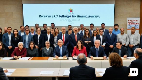 un grup de persones assegudes a una taula davant d'una pantalla amb una pantalla gran darrere d'ells i un home dret davant de la taula, Almada Negreiros, behance hd, una foto d'estoc, regionalisme