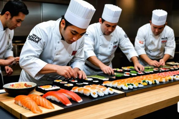 un grup de xefs preparant sushi a la taula d'una cuina amb escuradents i bols de salsa, Charles Roka, fotografia d'aliments professional, una foto d'estoc, grup gutai