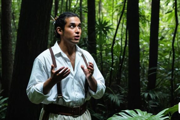 un home amb camisa blanca i tirants en un bosc amb arbres i plantes al fons i una dona amb camisa blanca i cinturó marró, Antônio Parreiras, imatge promocional, retrat d'un personatge, realisme màgic