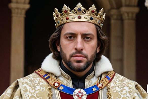 un home amb una corona i un abric amb una creu es troba davant d'un edifici, Altoon Sultan, imatge promocional, retrat d'un personatge, prerafaelitisme