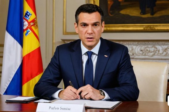 un home amb vestit assegut a un escriptori amb un bolígraf i paper al davant i una bandera al fons, Bernat Sanjuan, ignacio fernandez rios, un holograma, incoherents