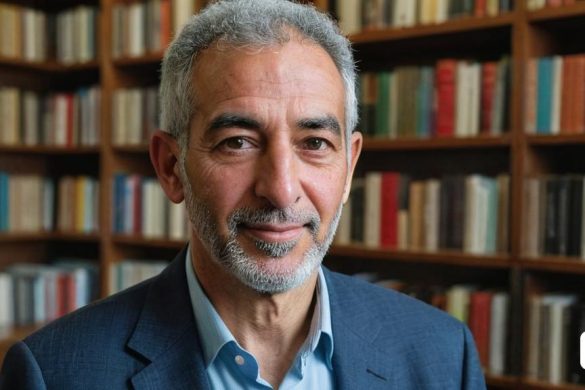 un home amb vestit i corbata davant d'un prestatge de llibres amb llibres i un somriure a la cara, Ahmed Karahisari, David Lazar, un retrat, art acadèmic