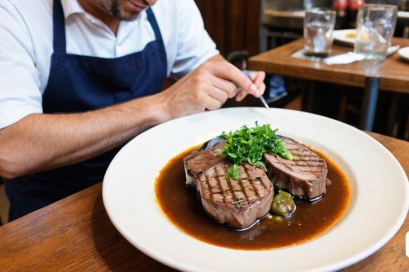 un home assegut a una taula amb un plat de menjar al davant i una forquilla a la mà, Delaunay, fotografia professional de menjar, una foto d'estoc, manierisme
