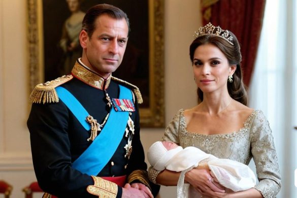 un home i una dona amb uniforme sostenint un nadó en una habitació amb pintures a les parets i un quadre d'un home amb uniforme blau, Carl Gustaf Pilo, imatge promocional, un pòster, premsa privada