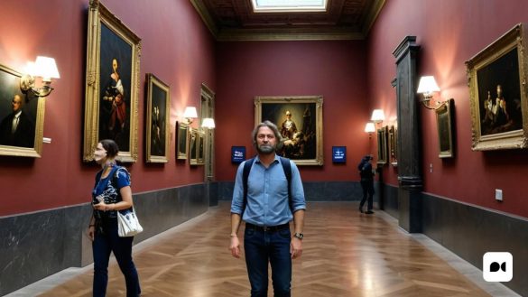 un home i una dona dempeus en un museu mirant pintures a la paret i un home amb camisa blava i texans, David Teniers III, pintura a l'oli renaixentista, un barroc flamenc, art acadèmic