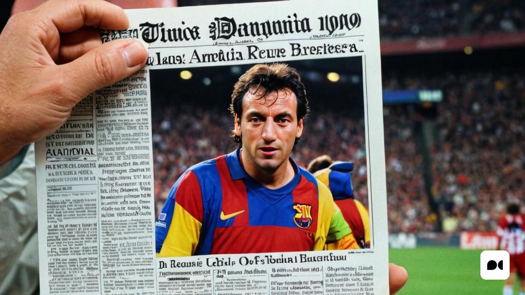 un home que sosté un diari amb una foto seva davant d'un estadi de futbol ple d'aficionats, Carles Delclaux és, foto realista, una foto acolorida, hiperrealisme
