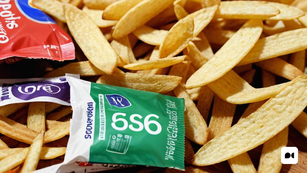 un munt de patates fregides i una bossa de patates fregides sobre una taula amb una superfície de fusta i una bossa de patates fregides, Andries Stock, fotografia de producte, una foto d'estoc, hiperrealisme