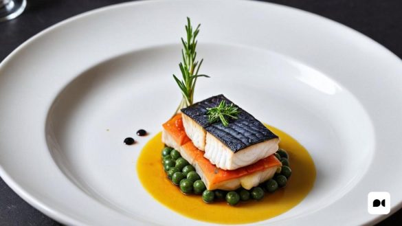 un plat amb un petit plat de menjar sobre una taula amb una copa de vi i una forquilla, Carpoforo Tencalla, fotografia d'aliments professional, una fotografia d'estoc, fotorealisme