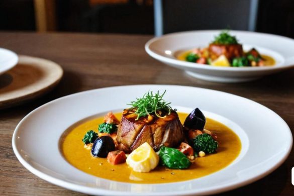 un plat de menjar amb una guarnició de verdures i salsa sobre una taula amb altres plats, Delaunay, fotografia d'aliments professional, una foto d'estoc, arbeitsrat für kunst
