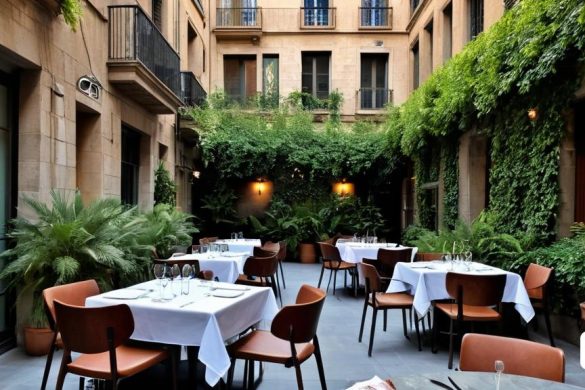 un restaurant amb taules i cadires i moltes plantes a l'exterior de l'edifici i un munt de finestres, Enguerrand Quarton, vinyes, una renderització digital, escola de barbizon