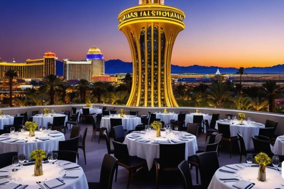 un restaurant amb vistes a la franja de Las Vegas i la torre de l'hotel i casino de Las Vegas al fons, Bourgeois, imatge promocional, renderització digital, dau-al-set