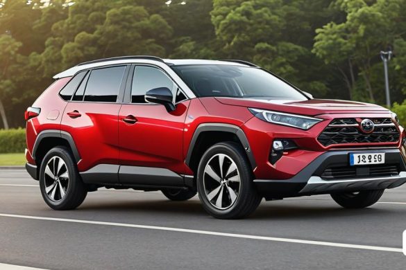 un SUV vermell de Toyota conduint per una carretera al costat d'un bosc d'arbres i arbustos en un dia assolellat, Cui Bai, renderització realista, renderització digital, hiperrealisme
