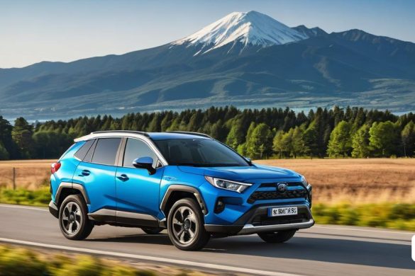 un tot terreny toyota blau conduint per una carretera amb una muntanya al fons i arbres en primer pla, Fan Qi, imatge promocional, renderització digital, premsa privada