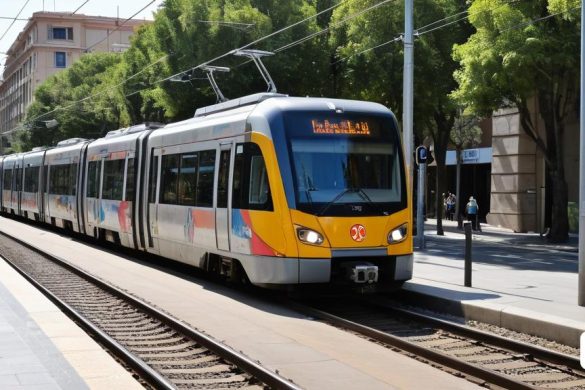 un tren baixa per les vies prop d'un edifici i arbres al fons, amb una persona caminant per la vorera, Eva Gonzalès, ue 5, a stock photo, les automatistes