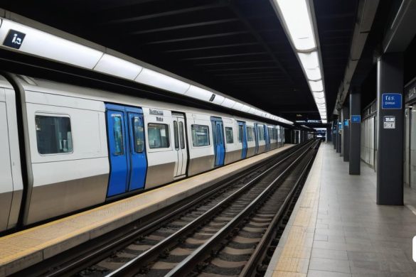 un tren entra a una estació amb les portes obertes i una andana amb unes quantes vies buides, Colijn de Coter, motion blur, a tilt shift photo, les automatistes