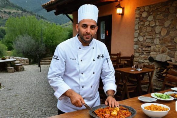 un xef està preparant menjar a una taula fora d'un restaurant a la zona de muntanya d'una ciutat, Abdullah Gërguri, fotografia professional de menjar, una foto d'estoc, dau-al-set