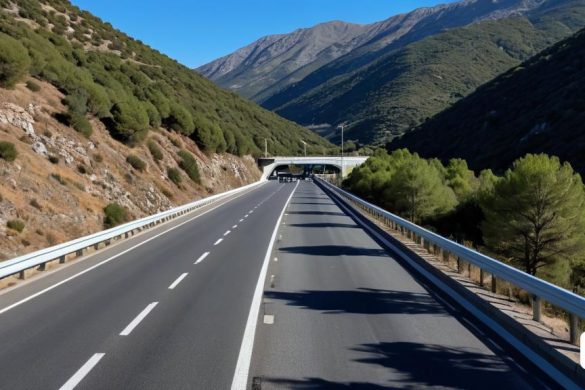 una carretera amb una muntanya al fons i un pont a sobre que passa per un pont que està per sobre d'una carretera, Arthur B. Carles, traçat de camí, una pintura mate, incoherents