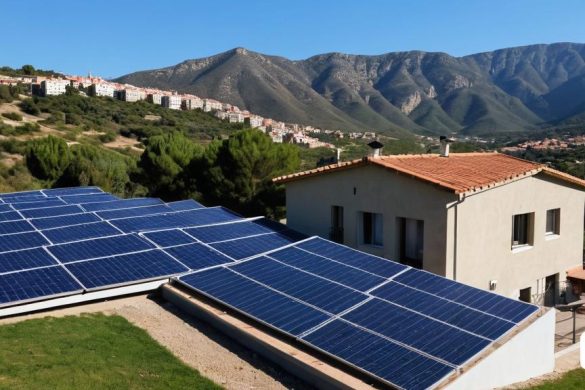 una casa amb un panell solar al terrat i muntanyes al fons, amb una casa en primer pla, Évariste Vital Luminais, solarpunk, una foto d'estoc, art ecològic