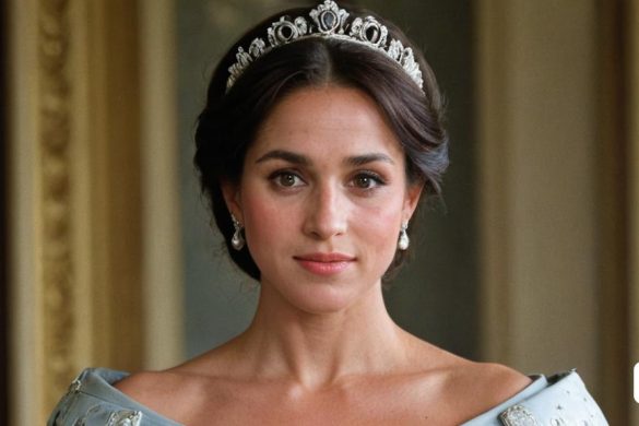 una dona amb un vestit blau i una tiara mirant la càmera amb una mirada seriosa a la cara, Celia Fiennes, imatge promocional, una foto acolorida, prerafaelitisme