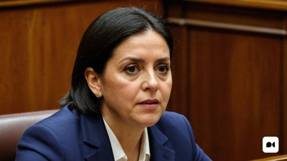 una dona amb vestit asseguda en una cadira en una sala d'audiències mirant la càmera amb una mirada seriosa a la cara, Adrienn Henczné Deák, rutkowski, un retrat de personatge, arbeitsrat für kunst