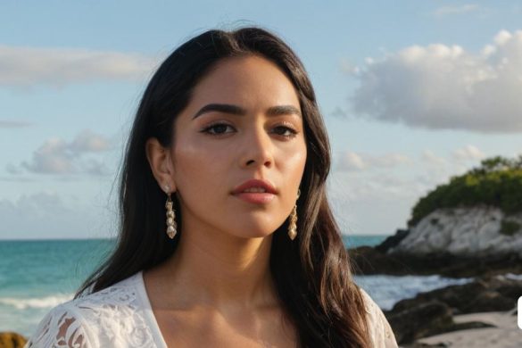 una dona de peu a una platja al costat de l'oceà amb un fons de cel i núvols al cel per sobre d'ella, Araceli Gilbert, imatge promocional, retrat d'un personatge, escola americana de Barbizon