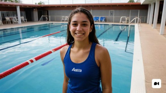 una dona de peu davant d'una piscina amb una samarreta blava i una piscina de ratlles vermelles i blanques, Aquirax Uno, atlètic, retrat de personatge, dau-al-set