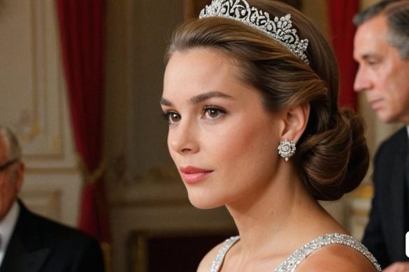 una dona que porta una tiara i un home amb un esmòquing es troben darrere d'ella amb un vestit formal, Didier Mouron, imatge promocional, una pintura fotorealista, hiperrealisme