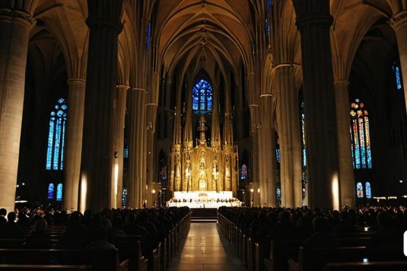 una gran catedral amb un escenari i un cor al centre i una fila de bancs, Andrea Pozzo, bellament il·luminat, una foto de desplaçament d'inclinació, art gòtic
