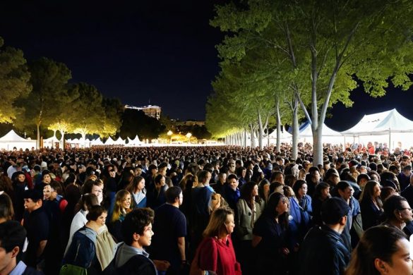 una gran multitud de persones al voltant d'un parc a la nit amb tendes i arbres al fons i un edifici a la distància, Ai Weiwei, a la nit, una foto, art interactiu