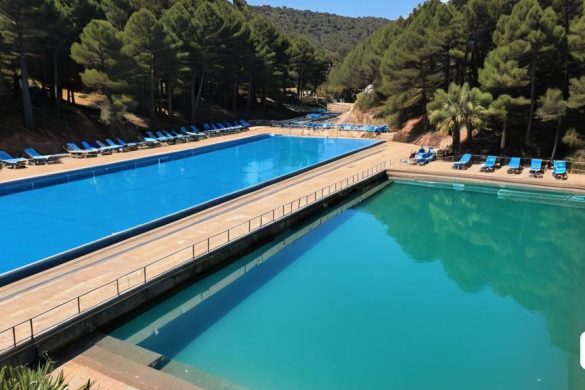 una gran piscina amb cadires blaves al voltant i una passarel·la de fusta que hi porta i una coberta de fusta que porta a la piscina, Enguerrand Quarton, aigua, una pintura mate, superplana