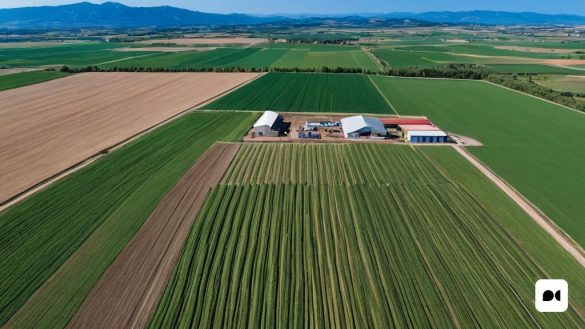 una granja amb un graner i un camp de conreus en primer pla i muntanyes al fons, a vista d'ocell, Enguerrand Quarton, vista aèria, una foto de desplaçament d'inclinació, superplana