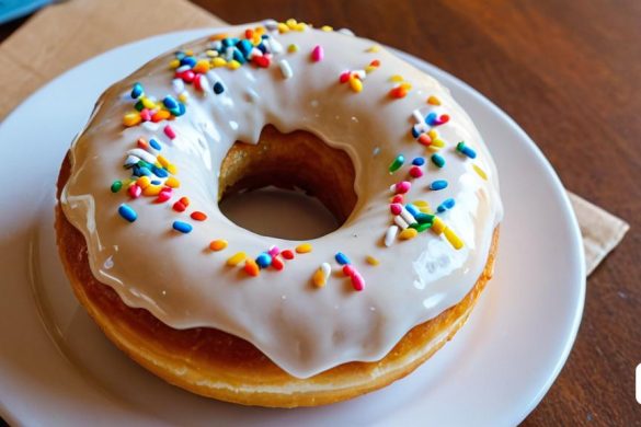 una rosquilla esmaltada amb glaçat blanc i esquitxades en un plat sobre una taula amb un tovalló, ESAO, imatge 4k uhd, un pastel, hiperrealisme