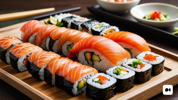 una safata de fusta coberta amb sushi i escuradents al costat d'un bol d'arròs i un bol de verdures, Aya Goda, sakimichan, una foto d'estoc, dau-al-set