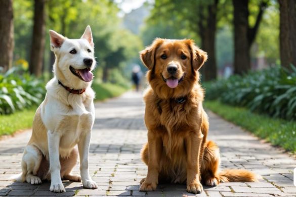dos gossos asseguts en un camí de maons al parc, un jadeja i l'altre jadeja amb la llengua fora, Elke Vogelsang, fotografia d'animals, fotografia d'estoc, neoisme