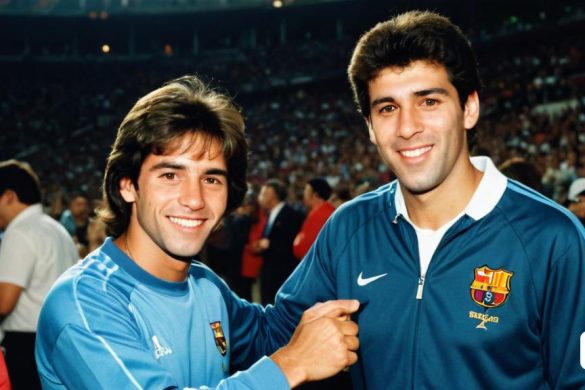 dos homes l'un al costat de l'altre davant d'una multitud de gent en un partit de futbol, ​​un d'ells sosté una pilota de futbol, ​​Carles Delclaux És, jove, una fotocòpia, els nabis