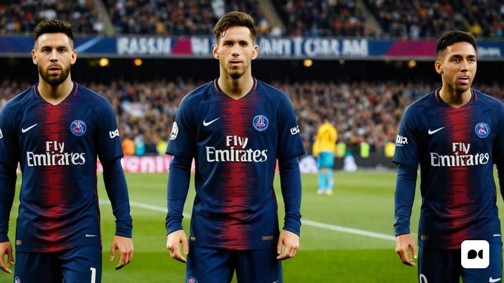 tres futbolistes estan parats en un camp davant una multitud de gent a la grada, amb un estadi al fons, Carles Delclaux Is, foto real, un quadre surrealista, les nabis