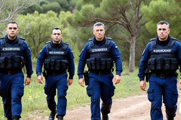 tres policies caminant per un camí de terra al bosc, amb arbres al fons i una pista en primer pla, Ahmed Yacoubi, imatge promocional, un cartell, les nabis