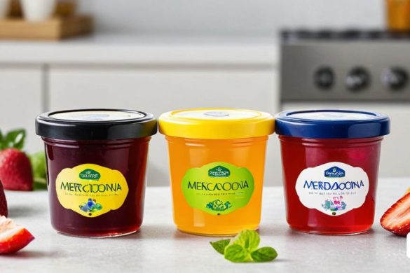 tres pots de melmelada i dues maduixes sobre un taulell amb un ganivet i un ganivet al fons, Coppo di Marcovaldo, fotografia de producte, renderització en 3D, estil tipogràfic internacional