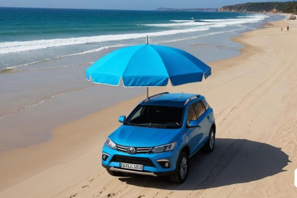 un cotxe blau aparcat a la platja sota un paraigua amb gent que hi passeja i un oceà blau al fons, Didier Mouron, estiu, renderització en 3D, raionisme