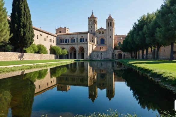 un gran edifici amb una torre al costat d'un llac i arbres al davant i una torre del rellotge, Arthur B. Carles, medieval, una pintura mate detallada, romànica