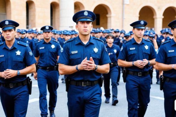 un grup d'agents de policia caminant per un carrer junts amb uniforme amb les mans juntes a la butxaca i les mans plegades, Avgust Černigoj, foto professional, foto d'estoc, antípodes