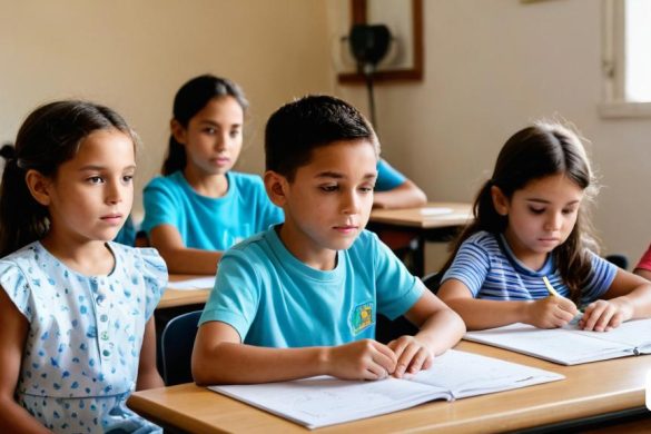 un grup de nens asseguts als escriptoris d'una aula amb llibres i papers sobre ells, amb un nen escrivint, Apelles, imatge promocional, una foto d'estoc, escola de quito