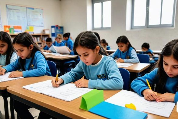 un grup de nens asseguts als escriptoris d'una aula escrivint en paper i fent deures amb llapis, art i llenguatge, enfocament dur, una foto d'estoc, escola del Danubi