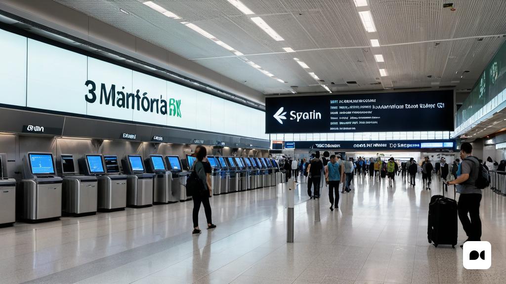 un grup de persones al voltant d'una terminal amb bosses d'equipatge i un rètol a sobre que diu 3 walmart, Bernat Sanjuan, foto realista, renderització digital, estil tipogràfic internacional