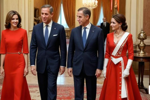 un grup de persones amb vestit i corbata dempeus en una habitació amb una catifa vermella i una cadira vermella, Enguerrand Quarton, fantàsticament cridaner, una foto, incoherents