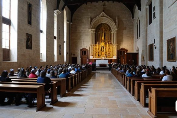 un grup de persones assegudes als bancs d'una església amb un gran finestral i un alter daurat al fons, Florence Engelbach, interior, una foto, escola de barbizon
