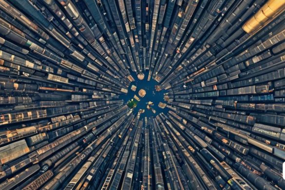 un grup molt gran de vies de tren en forma de cercle amb un fons de cel i un cel blau al mig, Chris LaBrooy, fotografia premiada, una foto microscòpica, art de context