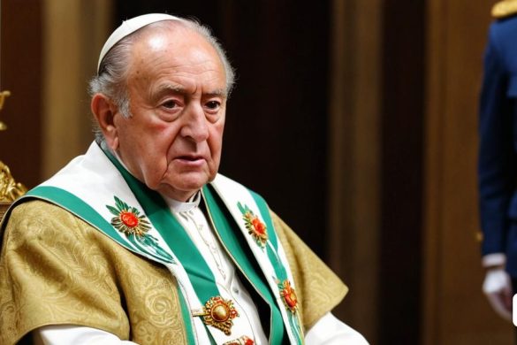 un home amb túnica de sacerdot assegut en una cadira amb una bandera al fons i un home d'uniforme dret darrere seu, Candido Bido, ignacio fernandez rios, un retrat de personatge, precisió